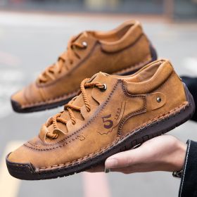 Explosive fashion trend men's handsewn casual leather shoes men's fashion shoes 38-48 leather size (Color: Yellow/brown, size: 43)