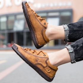 Explosive fashion trend men's handsewn casual leather shoes men's fashion shoes 38-48 leather size (Color: Yellow/brown, size: 45)