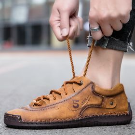 Explosive fashion trend men's handsewn casual leather shoes men's fashion shoes 38-48 leather size (Color: Yellow/brown, size: 41)