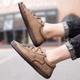 Explosive fashion trend men's handsewn casual leather shoes men's fashion shoes 38-48 leather size (Color: Khaki, size: 41)