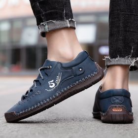 Explosive fashion trend men's handsewn casual leather shoes men's fashion shoes 38-48 leather size (Color: Blue, size: 41)