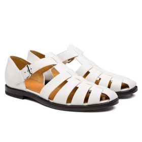 Men's Sport Sandals Closed Toe Outdoor Handmade Leather Sandal (Color: White, size: 39)
