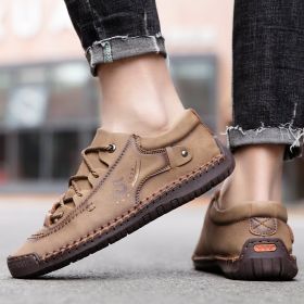 Explosive fashion trend men's handsewn casual leather shoes men's fashion shoes 38-48 leather size (Color: Khaki, size: 39)