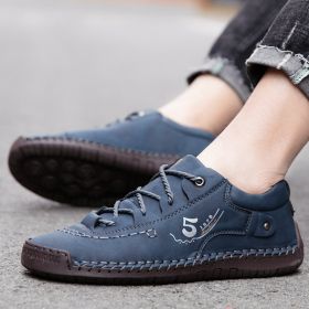 Explosive fashion trend men's handsewn casual leather shoes men's fashion shoes 38-48 leather size (Color: Blue, size: 39)
