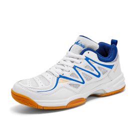 New four seasons non-slip men's badminton table tennis couple shoes sports big size men's sports shoes 38-48 (Color: White and blue, size: 39)