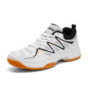 New four seasons non-slip men's badminton table tennis couple shoes sports big size men's sports shoes 38-48 (Color: White and black, size: 47)