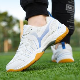 New super light breathable couple badminton shoes Fashion comfortable men's sports shoes tennis shoes (Color: White and blue, size: 42)