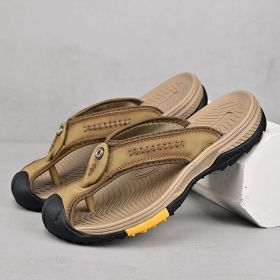 Summer men's new first layer cowhide flip-flops fashion all comfortable men's slippers beach shoes (Color: Khaki, size: 42)