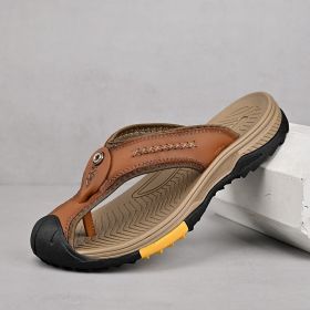 Summer men's new first layer cowhide flip-flops fashion all comfortable men's slippers beach shoes (Color: brown, size: 40)