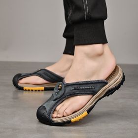 Summer men's new first layer cowhide flip-flops fashion all comfortable men's slippers beach shoes (Color: Black, size: 40)
