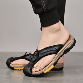 Summer men's new first layer cowhide flip-flops fashion all comfortable men's slippers beach shoes (Color: Black, size: 44)