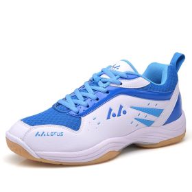 Men's new outdoor professional badminton shoes comfortable breathable fashion men's sports shoes (Color: White and blue, size: 40)