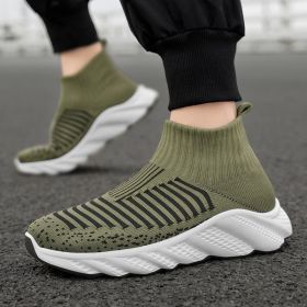 New trend fashion large size flying knit high top casual shoes fashionable men's shoes (Color: Green, size: 41)