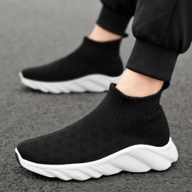 New trend fashion large size flying knit high top casual shoes fashionable men's shoes (Color: Black, size: 44)