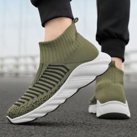 New trend fashion large size flying knit high top casual shoes fashionable men's shoes (Color: Green, size: 43)